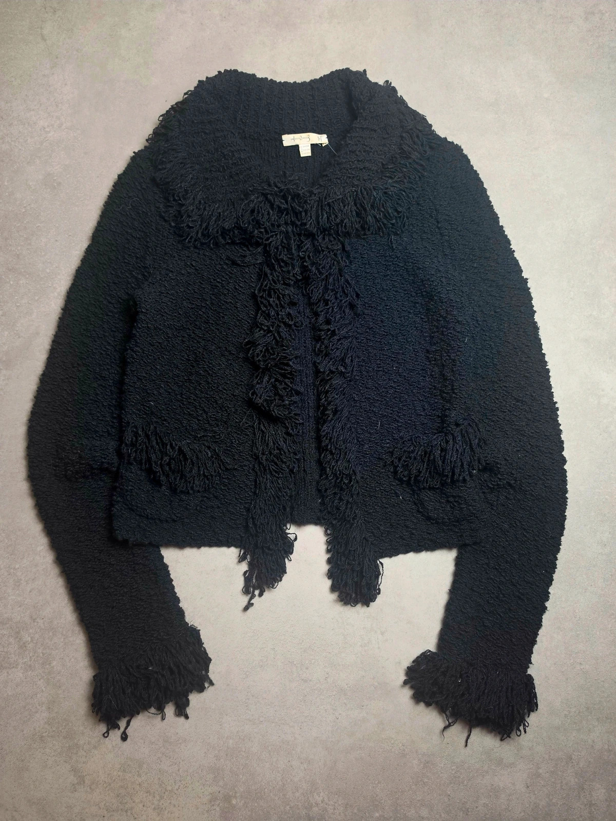 Veste cardigan à franges Un Deux Trois noir laine acrylique Made in France taille S