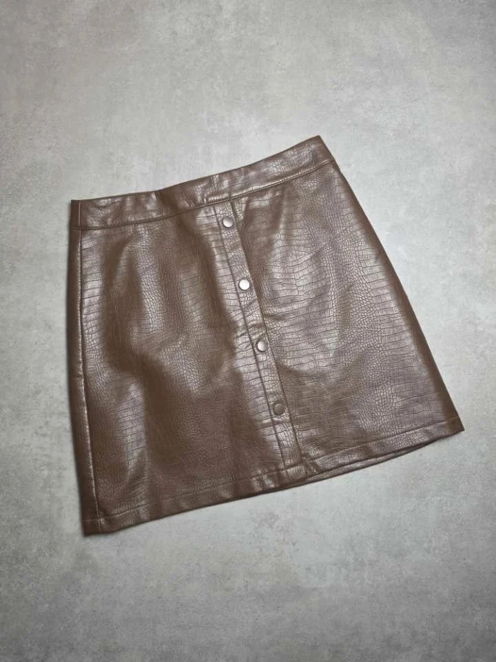 Jupe Naf Naf Simili Cuir Croco Marron/Camel Boutons Pression T.36 naf166