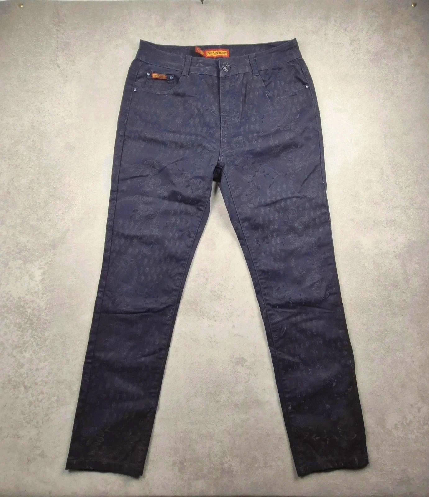 Jean slim V.Z.Y vintage noir motif floral ton sur ton