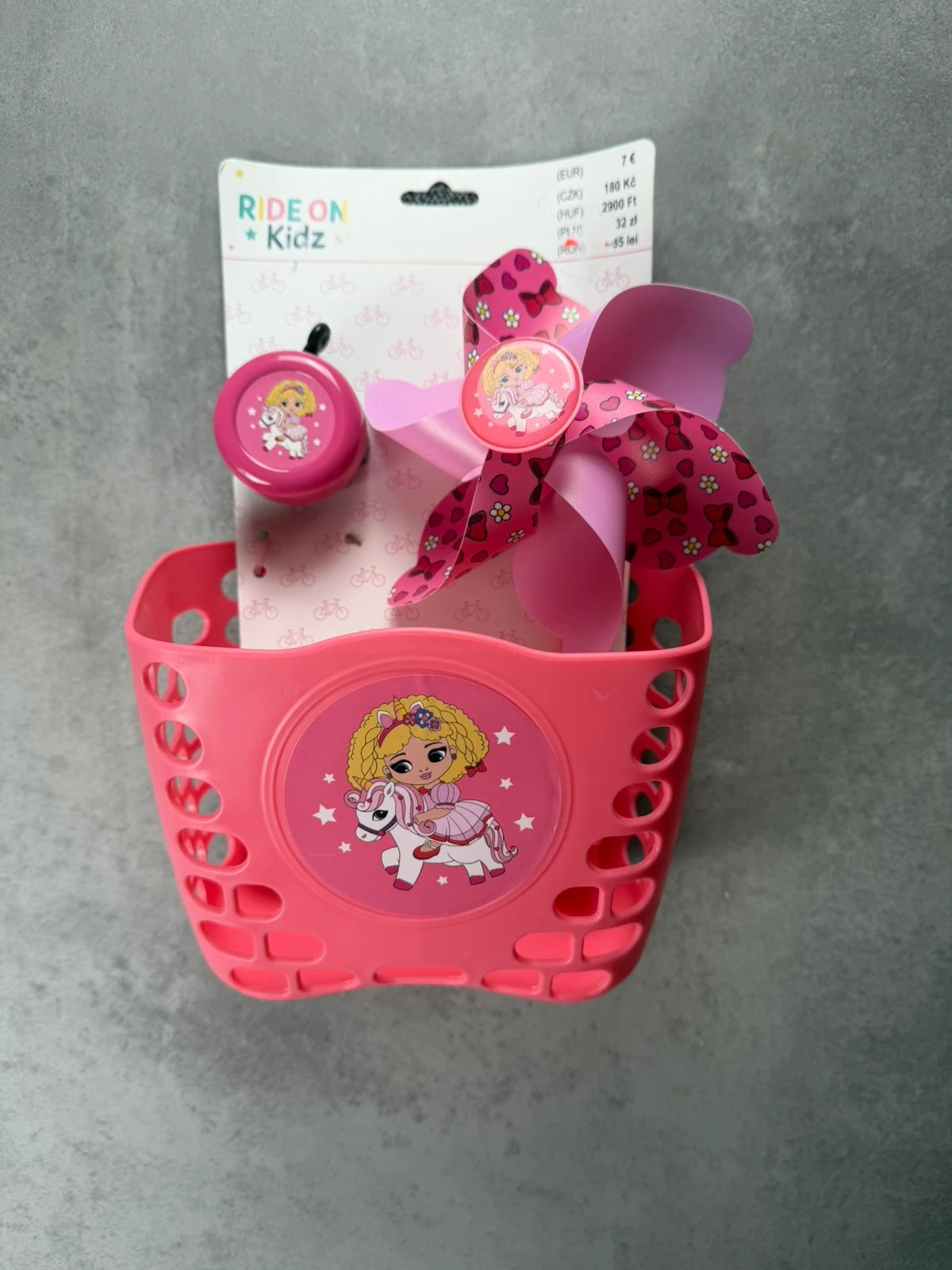 Set accessoires vélo enfant Ride On Kidz panier rose licorne